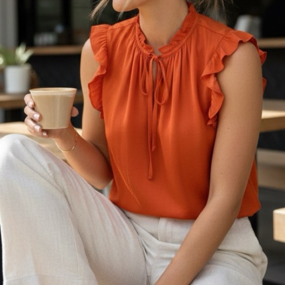 cupcakes & cashmere Vibrant Orange Ruffle Blouse